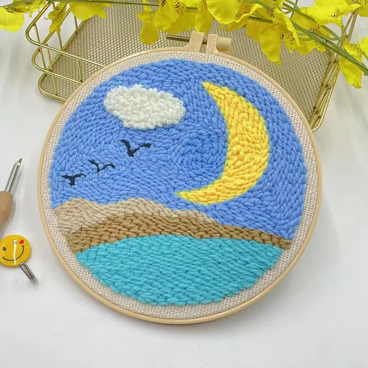 Scenery Moon Punch Needle Embroidery Starter Kits DIY Craft Set Rug Hooking Punch Needle Tool With Threader Fabric Wool Yarn