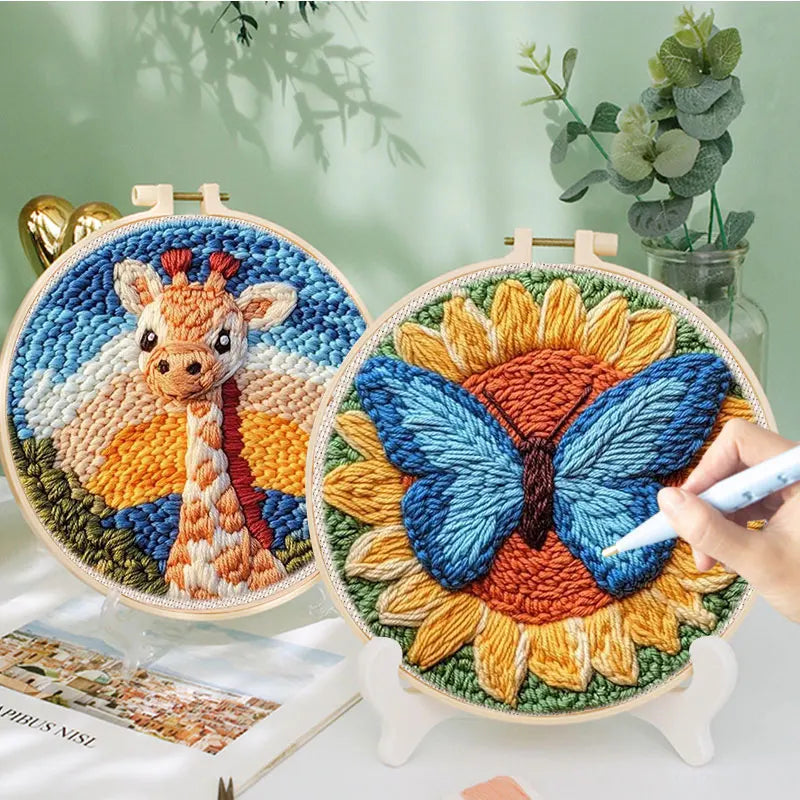 Butterfly Animal Punch Needle Embroidery Kit for Beginner Landscape Rug Tufting Coaster Yarn Punch Coaster Set For DIY Crafted