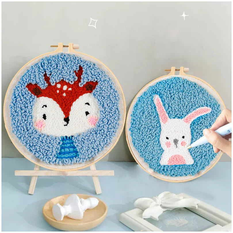 Cute Animal Punch Needle Embroidery Kits for Beginners Soft Yarn Magic Punching Kit Cartoon Rabbit Pattern Cross stitch Home Dec