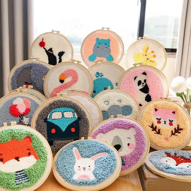 Cute Animal Punch Needle Embroidery Kits for Beginners Soft Yarn Magic Punching Kit Cartoon Rabbit Pattern Cross stitch Home Dec