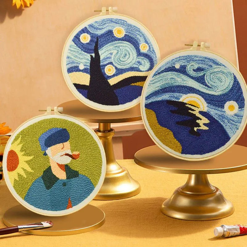 Cute Art Punch Needle Kit DIY Needlework Cartoon World Famous Painting Needlecraft for Beginner Cross Stitch Artcraft(Full Set)