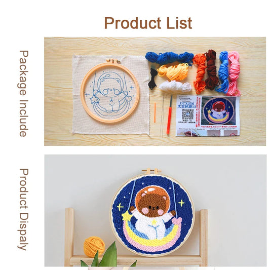 Cute Cartoon Animal Punch Needle Embroidery Kit for Beginners Soft Yarn Needlework Embroidery Set Home Decor Sewing Tool Set