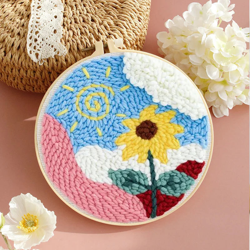 DIY Embroidery Kits For Beginner Craft Punch Needle Set Rug for Starter Kits with Stamped Sunflower Pattern Fabric Yarn Hoop
