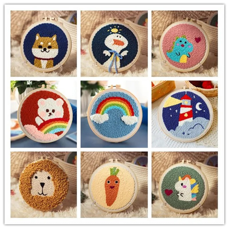 DIY Punch Needle Embroidery Starter Kits For Beginner Kids Dog Bear Lighthouse Handicrafts Poking Embroidery Yarn Painting Arts