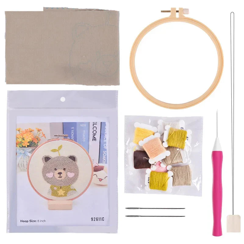 French Punch Needle Embroidery Kit DIY Punch Needle Painting Set Handmade Material Pack Beer Animal Style Home Decoration