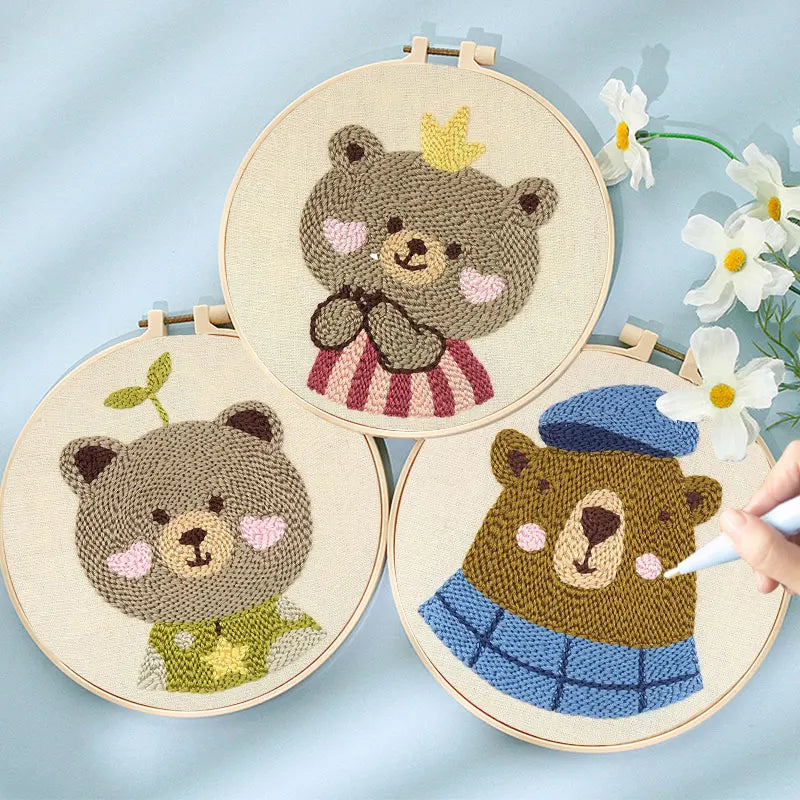 French Punch Needle Embroidery Kit DIY Punch Needle Painting Set Handmade Material Pack Beer Animal Style Home Decoration