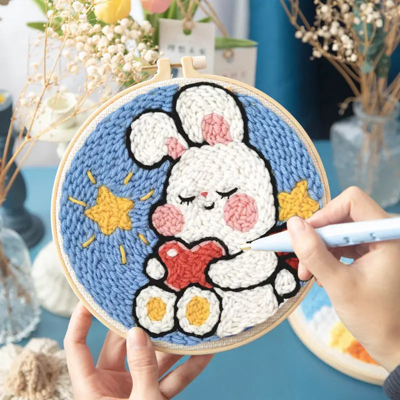 Magic Punch Needle Set Embroidery Starter Kit Circle Rabbit Hooking Beginner Pock Pen Hoop For Kids Adults Diy Craft Gift