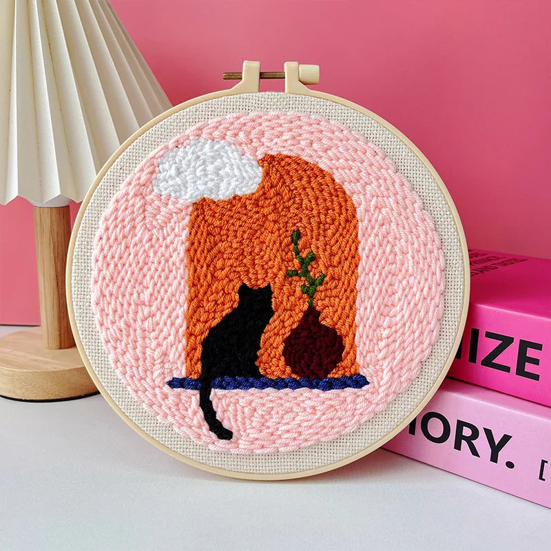 Punch Needle Embroidery Set Kit Cat Cute Animal Picture Cross Stitch Kits Embroidery Frame Crafts for Adults DIY Gift