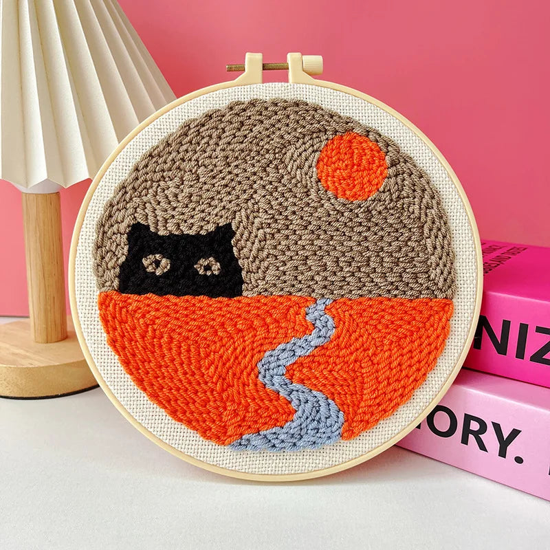 Punch Needle Embroidery Set Kit Cat Cute Animal Picture Cross Stitch Kits Embroidery Frame Crafts for Adults DIY Gift