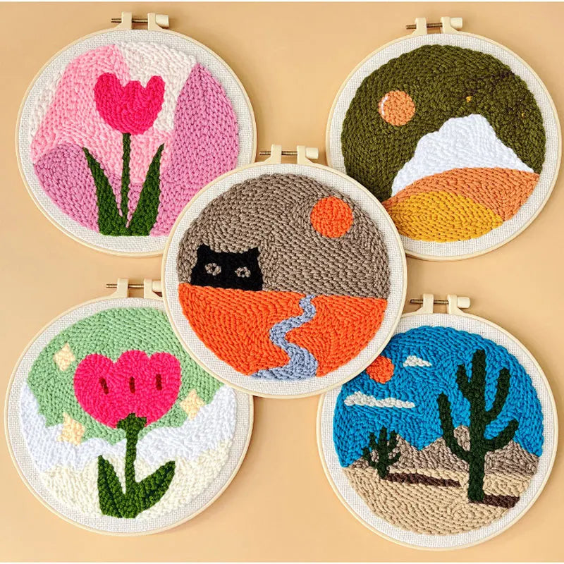 Punch Needle Embroidery Set Kit Cat Cute Animal Picture Cross Stitch Kits Embroidery Frame Crafts for Adults DIY Gift