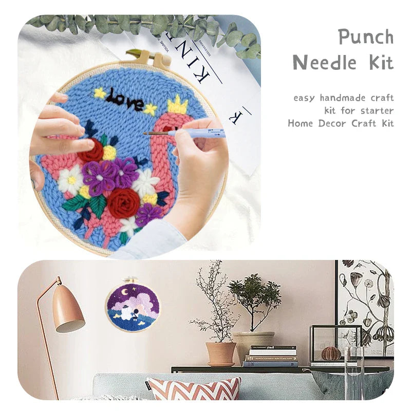 Punch Needle Embroidery Starter Kits For Adults Beginners Punch Needle Fabric Yarns Embroidery Hoops Diy Crafts Home Decor Gift