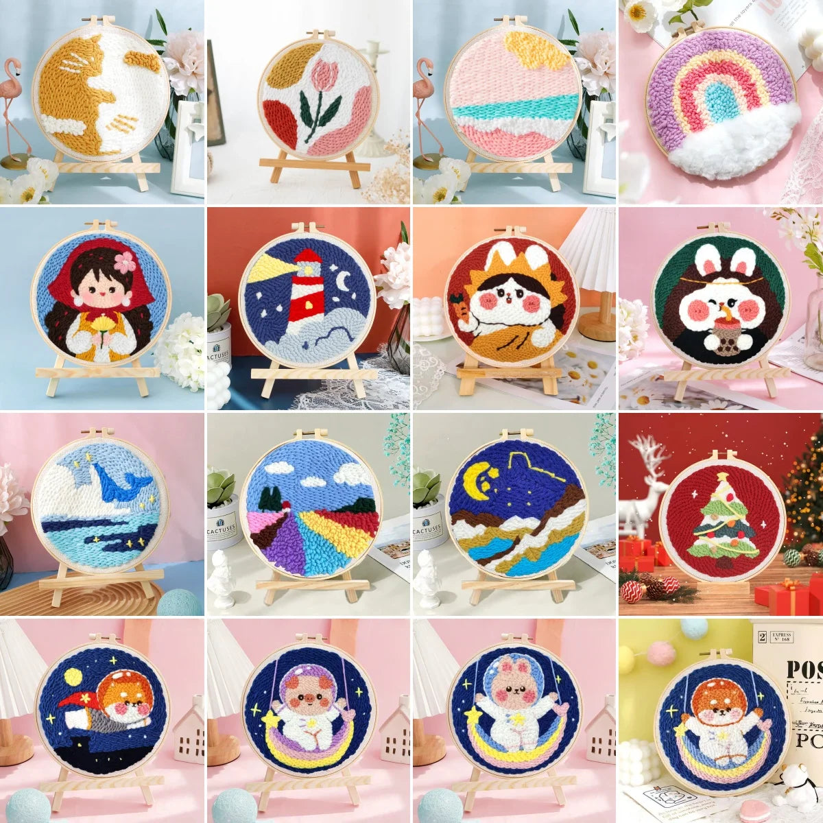 Punch Needle Embroidery Starter Kits For Adults Beginners Punch Needle Fabric Yarns Embroidery Hoops Diy Crafts Home Decor Gift