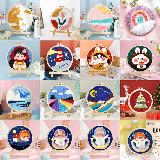 Punch Needle Embroidery Starter Kits For Adults Beginners Punch Needle Fabric Yarns Embroidery Hoops Diy Crafts Home Decor Gift