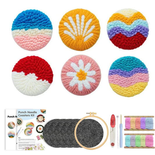 Punch needle coaster kit 6 pack with yarn hoop and tools for beginners