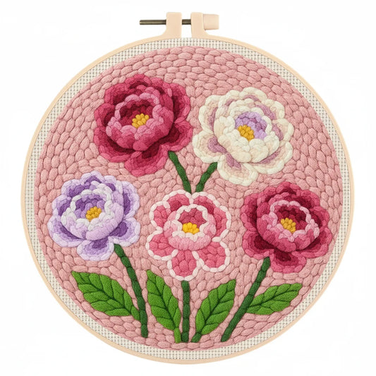 Punch needle embroidery beginner kit with floral pattern hoop pen yarn