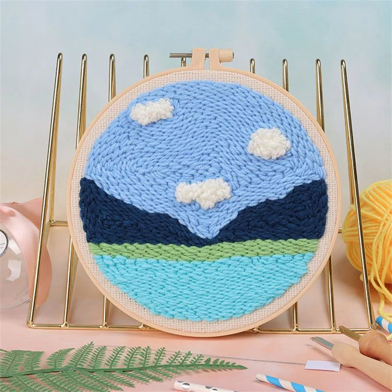 Scenery Moon Punch Needle Embroidery Starter Kits DIY Craft Set Rug Hooking Punch Needle Tool With Threader Fabric Wool Yarn