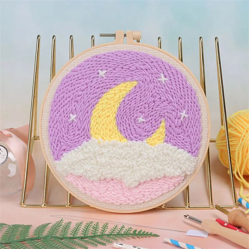 Scenery Moon Punch Needle Embroidery Starter Kits DIY Craft Set Rug Hooking Punch Needle Tool With Threader Fabric Wool Yarn