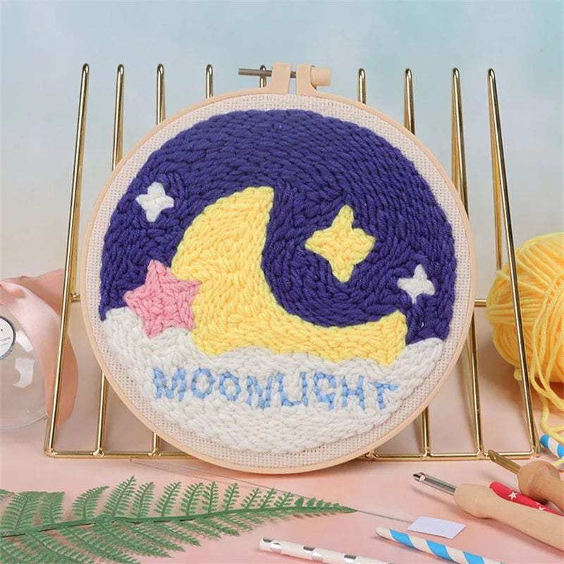 Scenery Moon Punch Needle Embroidery Starter Kits DIY Craft Set Rug Hooking Punch Needle Tool With Threader Fabric Wool Yarn