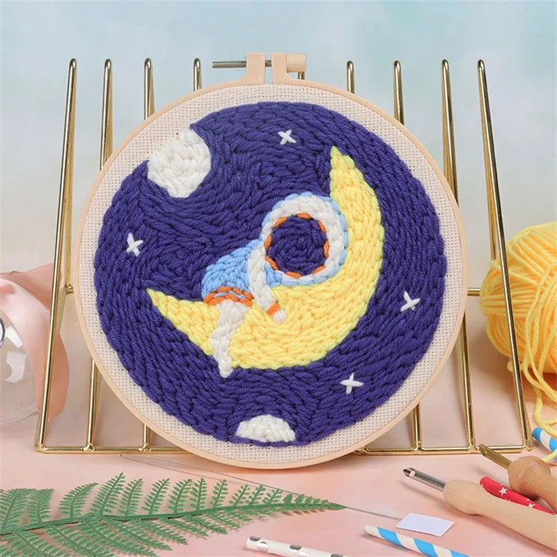 Scenery Moon Punch Needle Embroidery Starter Kits DIY Craft Set Rug Hooking Punch Needle Tool With Threader Fabric Wool Yarn