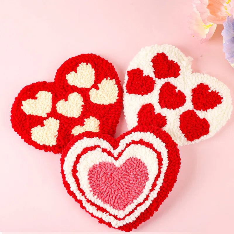 Valentine's Day Embroidery Kit Punch Needle Set Coaster Love Heart Cross Stitch Hand Tufted Magic DIY Craft Arts Sewing Set